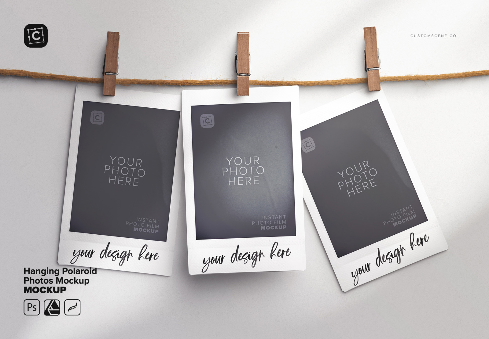 Hanging Polaroid Photos Mockup Hanging Polaroid Photos Mockup