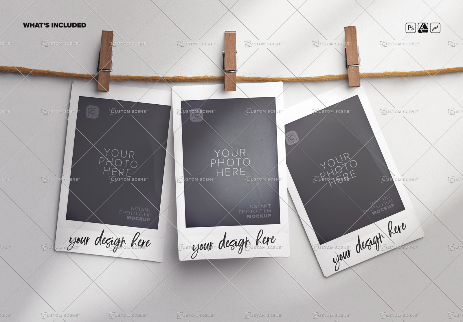 Hanging Polaroid Photos Mockup Hanging Polaroid Photos Mockup