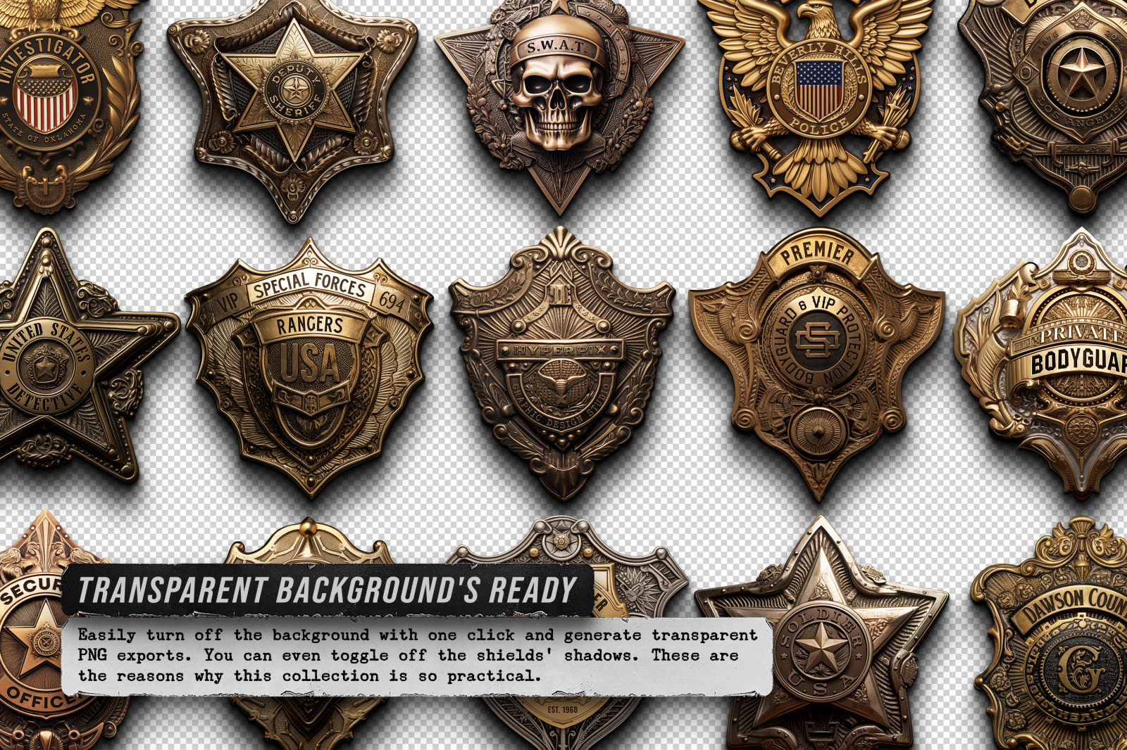 15 Police / Army / Sheriff Metal Badge PSD Templates