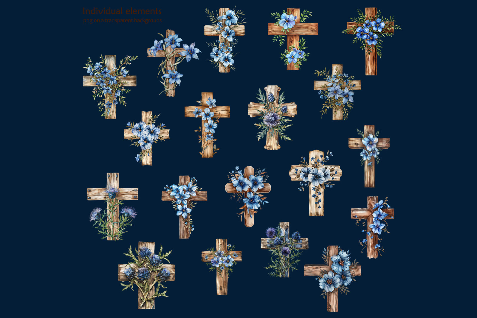 Blue Floral Crosses Watercolor Clipart