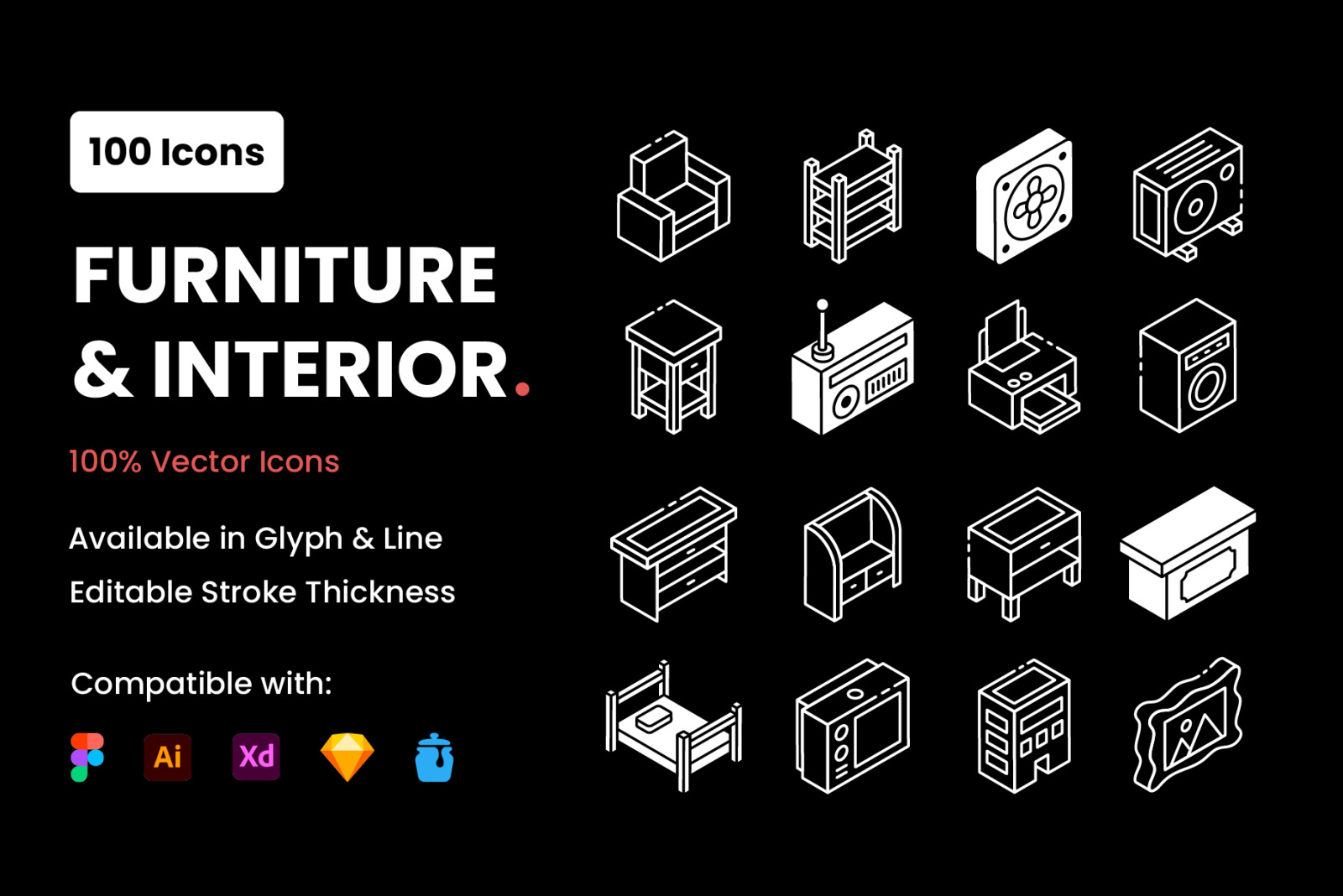 Furniture Glyph Isometric Icons Pack