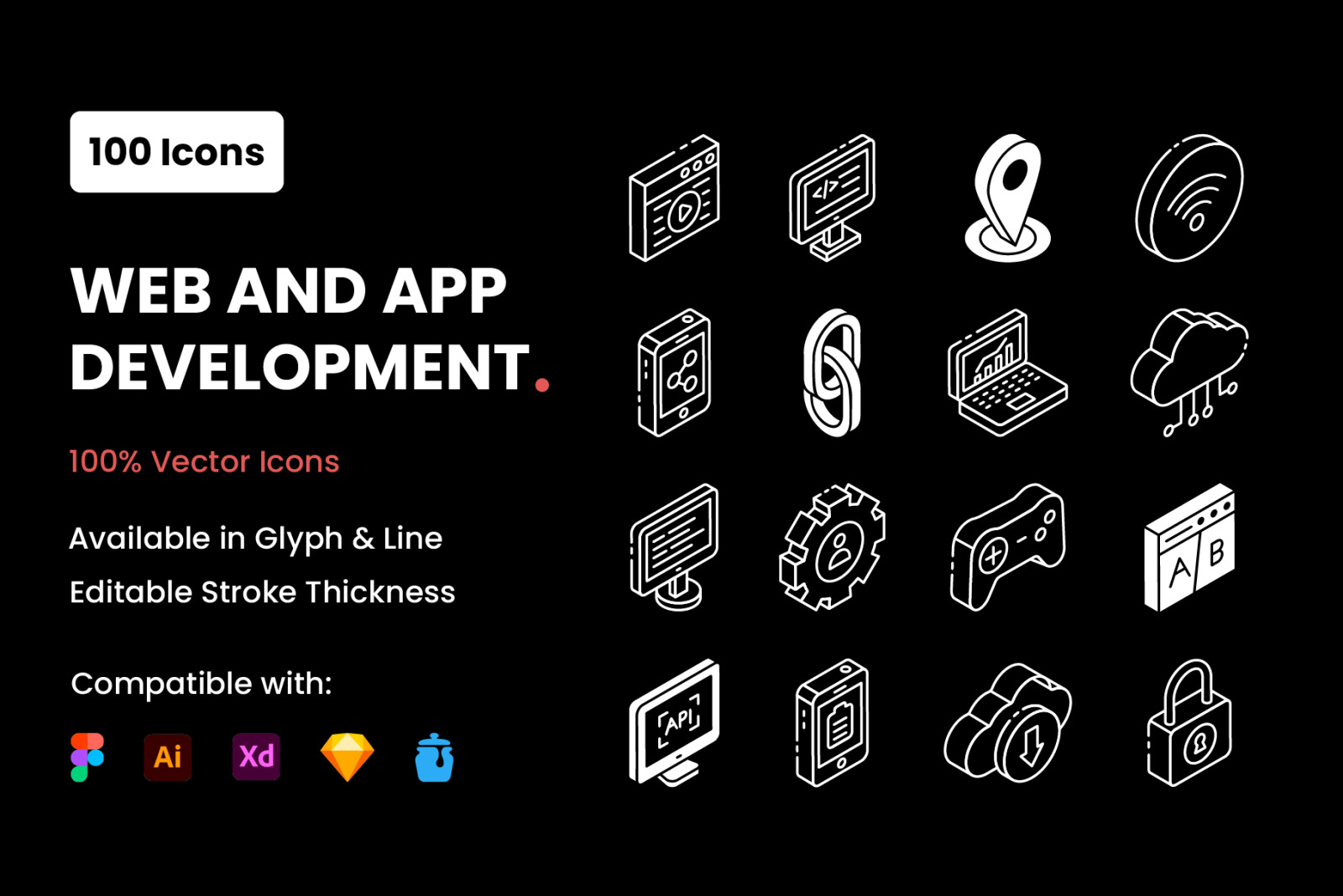 App Development Glyph Isometric Icons