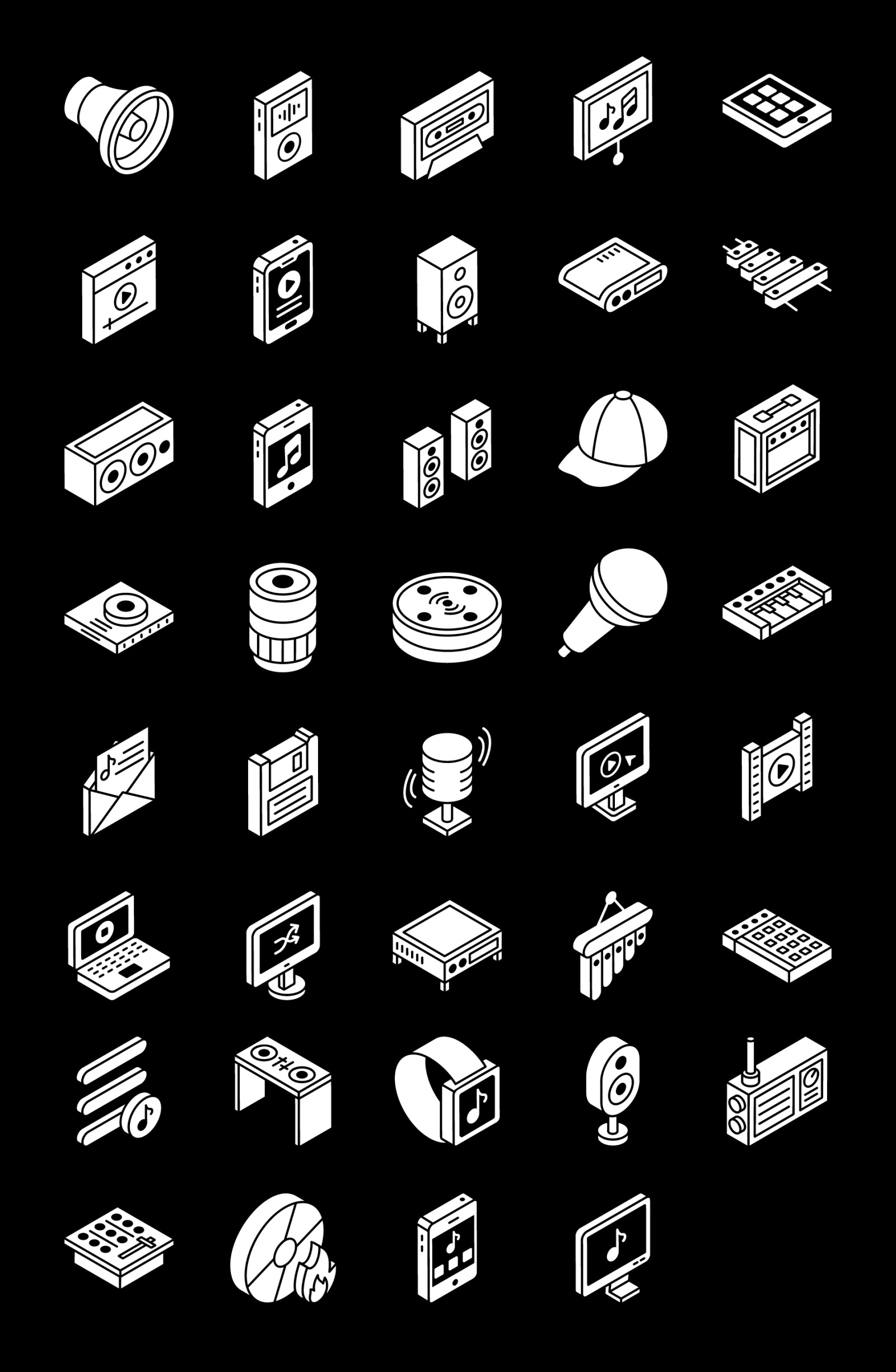 Music and Multimedia Glyph Isometric Icons