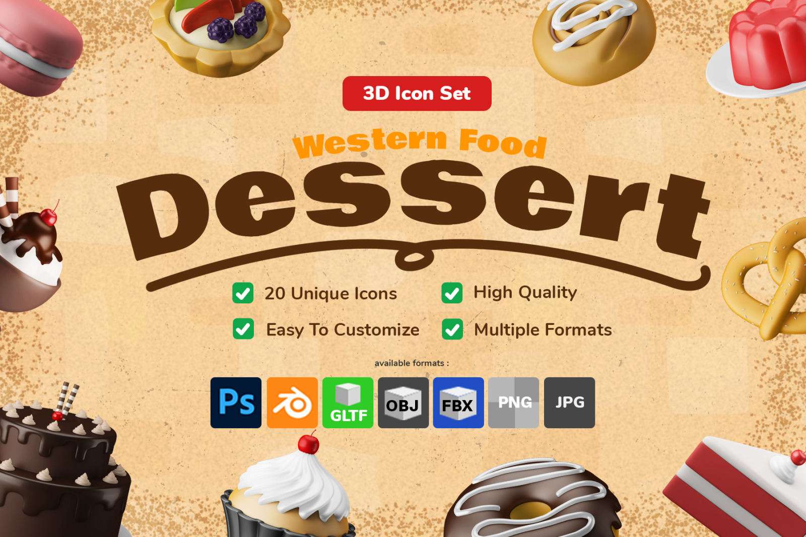 Western Food Dessert 3D Icon Illustration Set