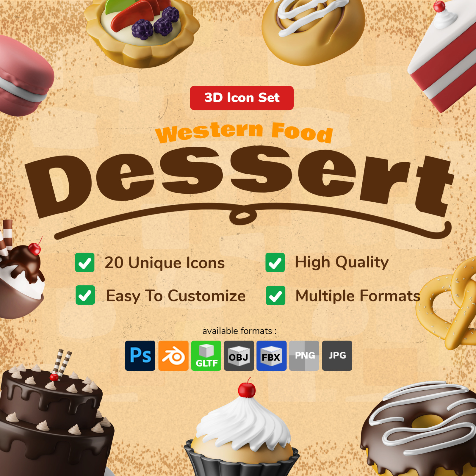 Western Food Dessert 3D Icon Illustration Set