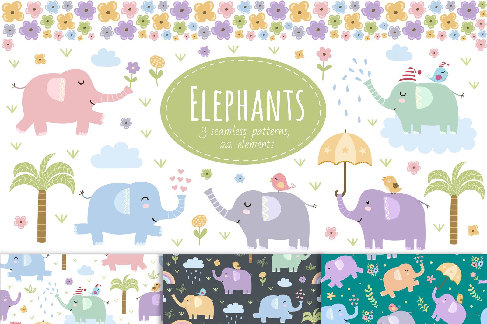 Elephants: seamless patterns & clipart Elephants: seamless patterns & clipart