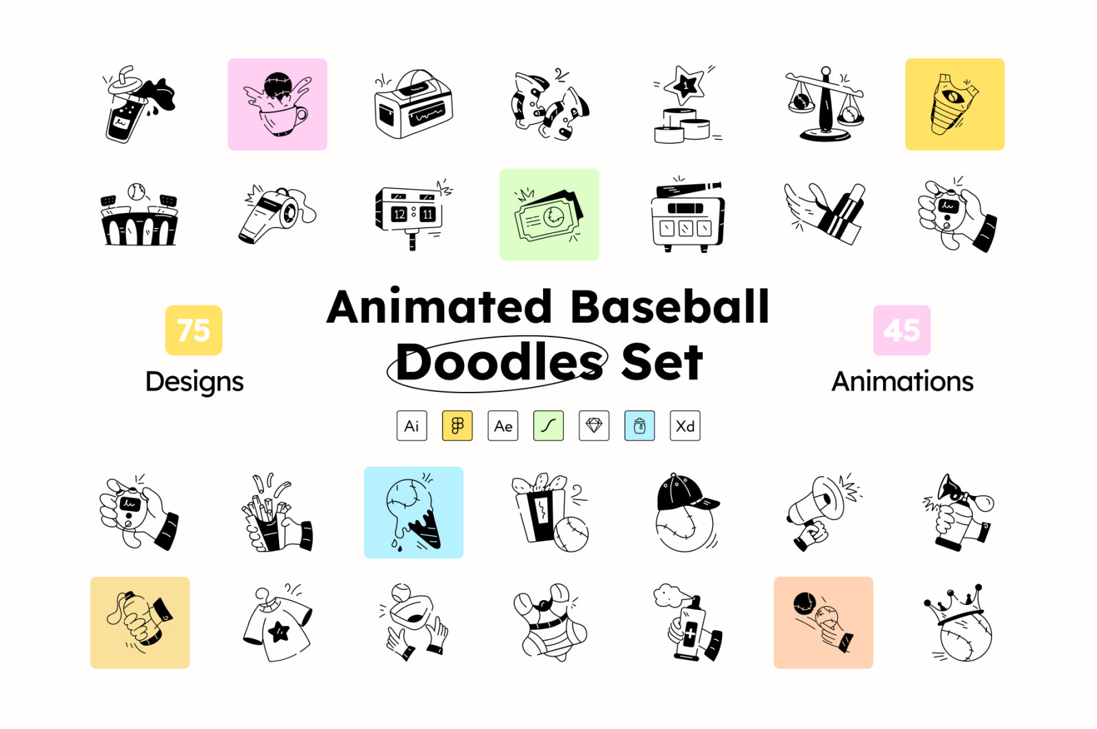 Animated Baseball Doodle Icons Animated Baseball Doodle Icons