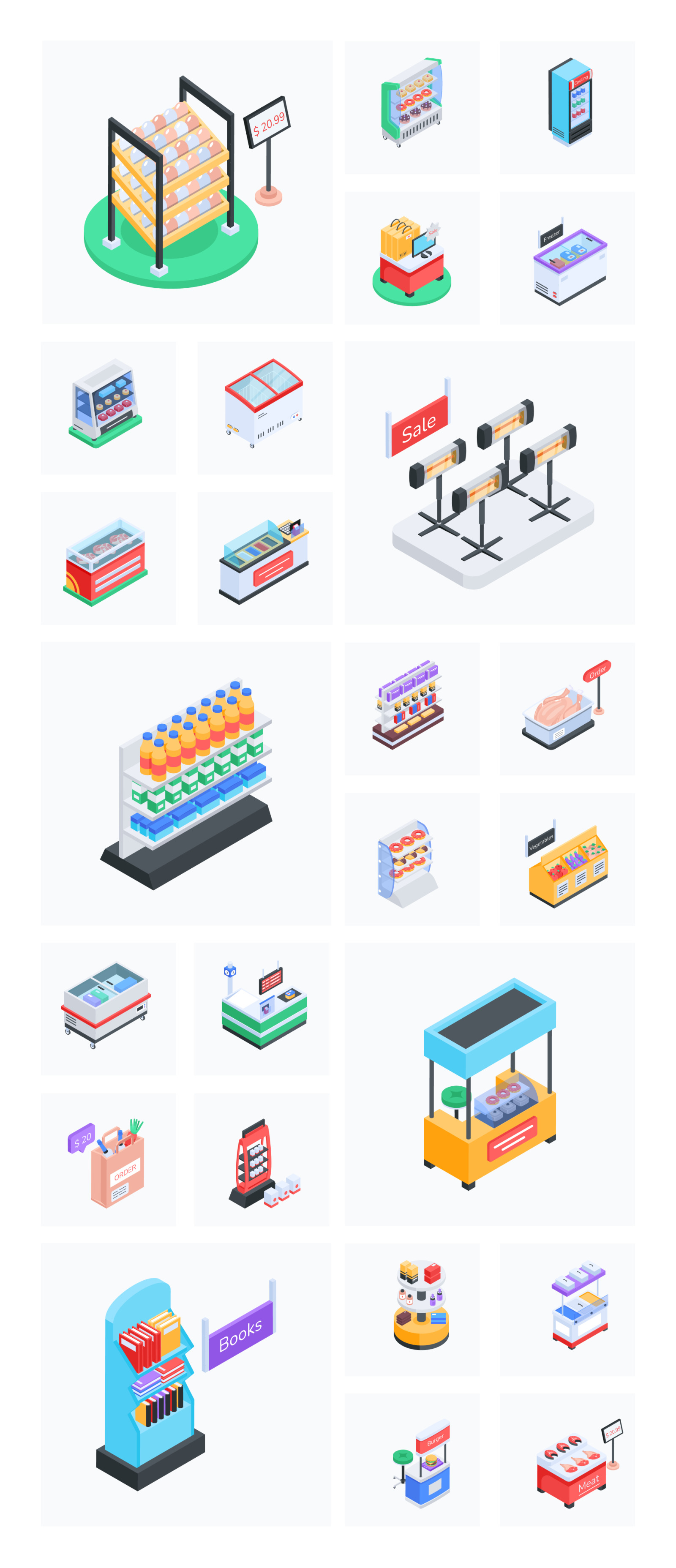 Isometric Supermarket Shelves Icons