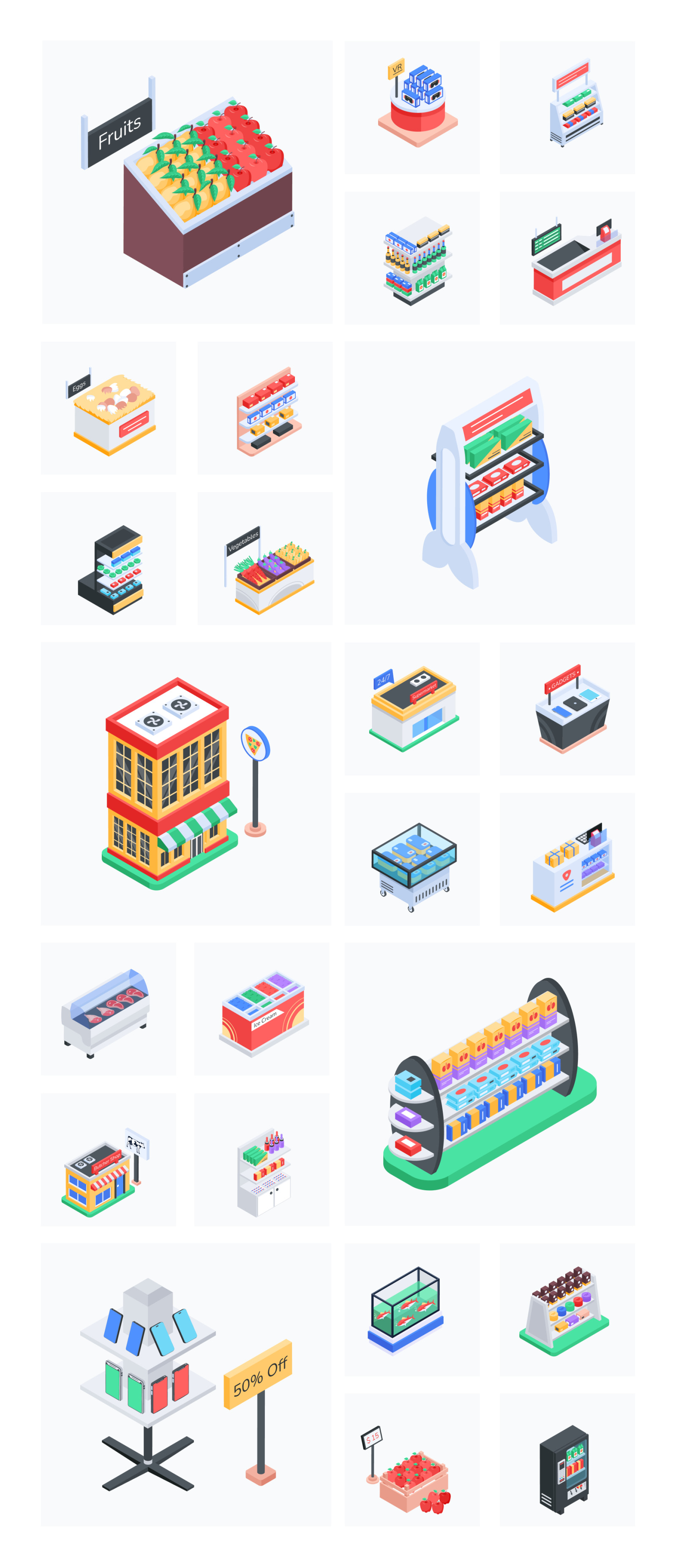 Isometric Supermarket Shelves Icons