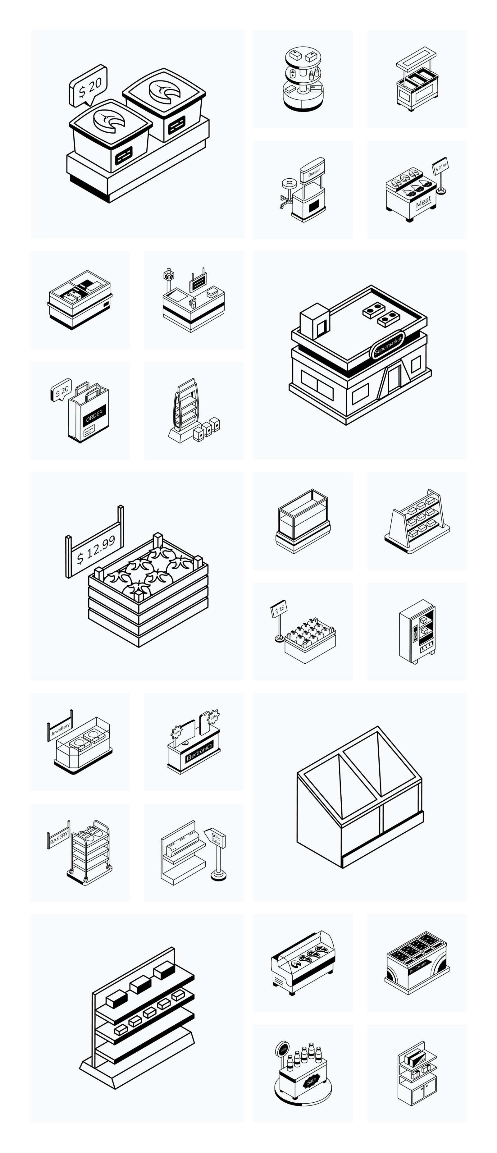 Isometric Supermarket Shelves Icons