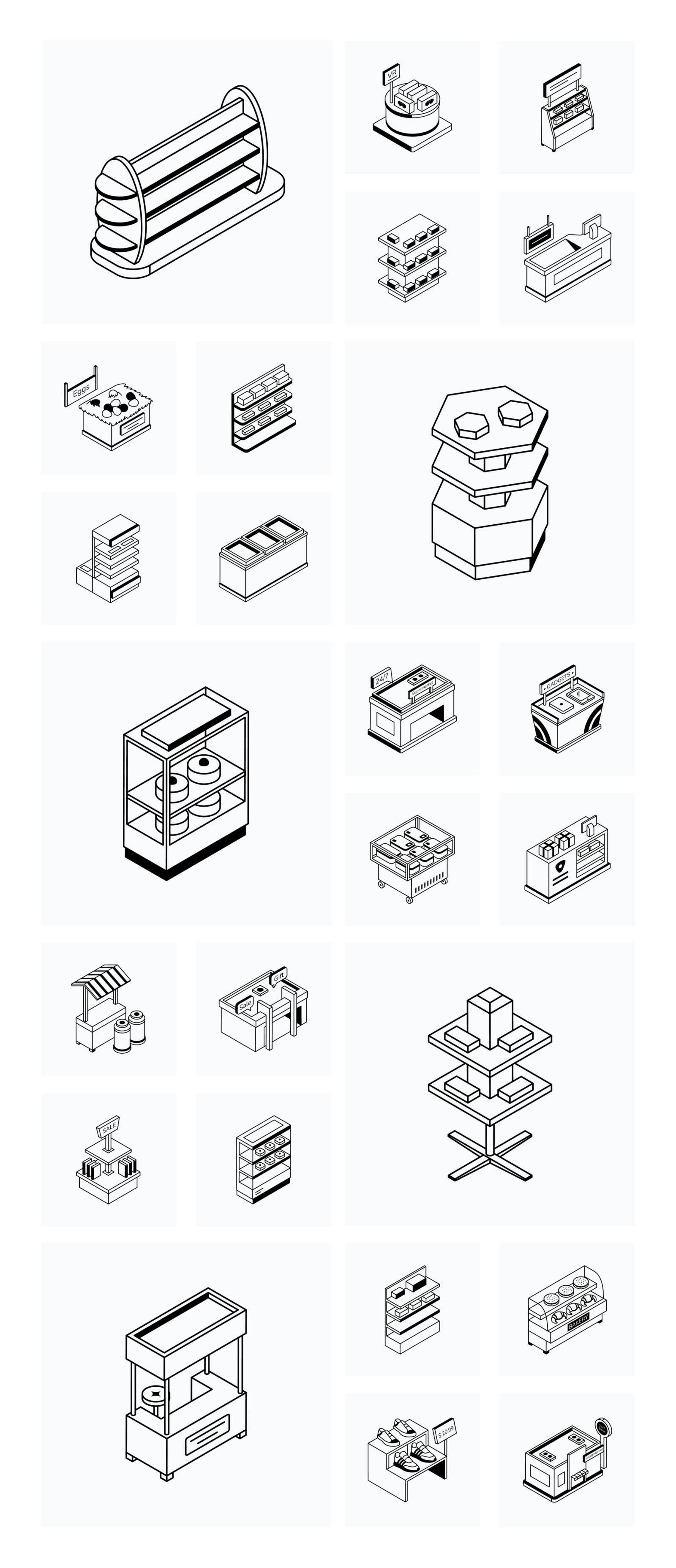 Isometric Supermarket Shelves Icons