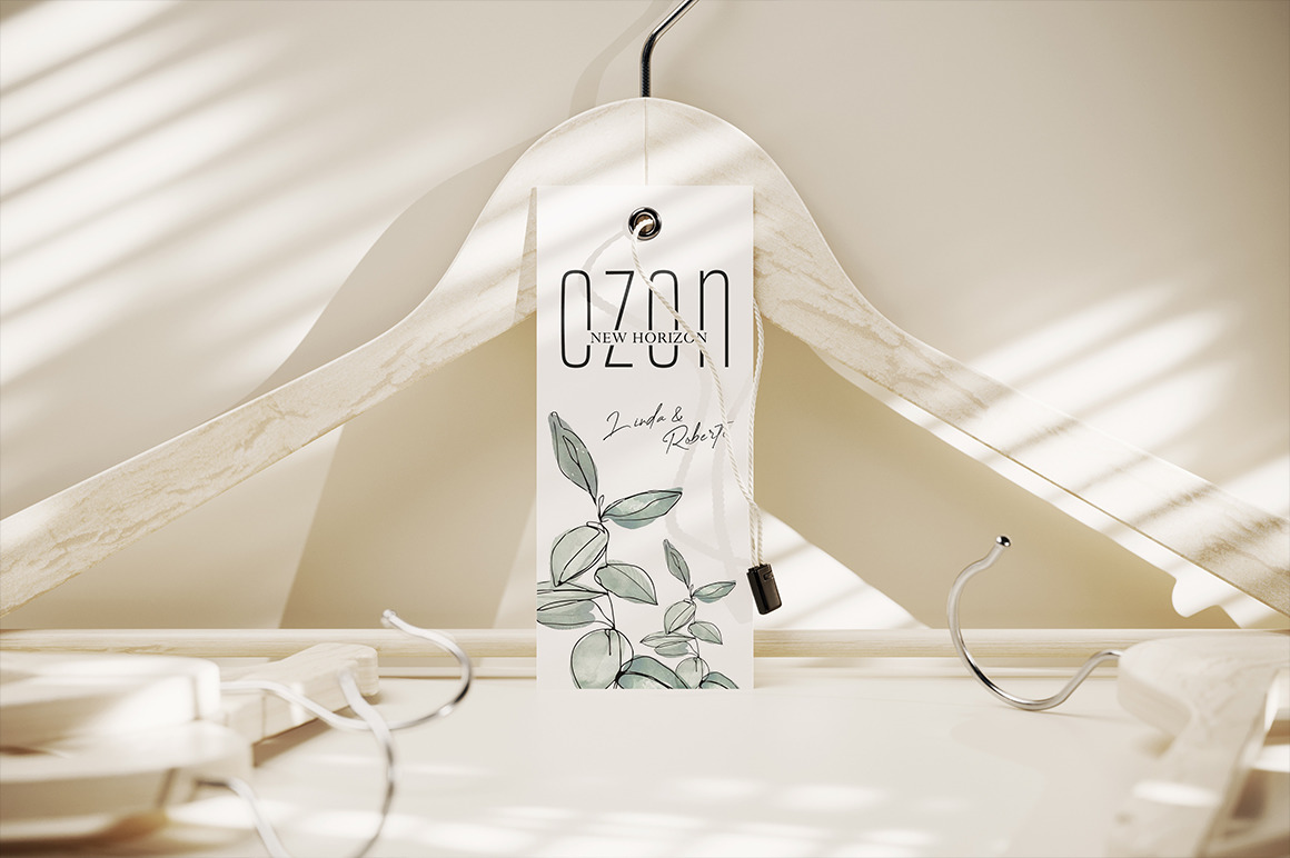 Clothes Tag with Cord on Wooden Hanger Mockup