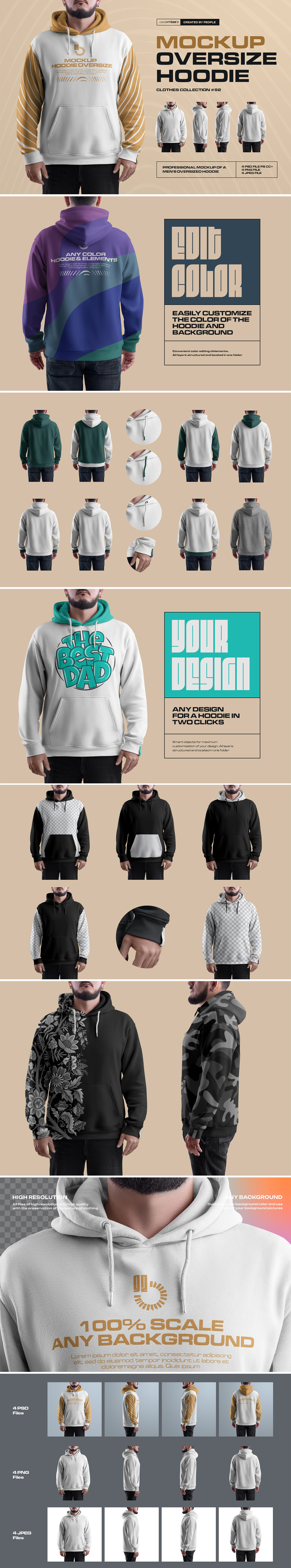 4 Mockups Oversize Hoodie. Front, Back and Side View