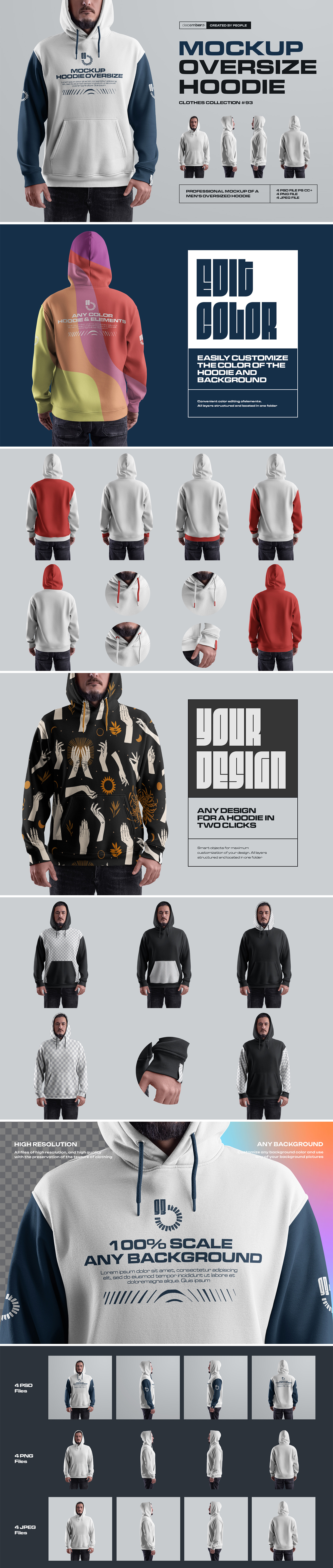 4 Mockups Oversize Hoodie vol.2. Front, Back and Side View