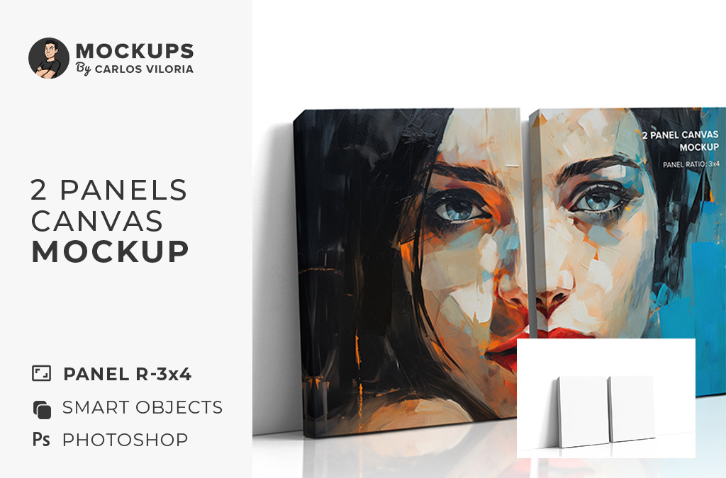 Side Leaning 2 Panel Canvas Ratio 3x4 Mockup - 1.5 In