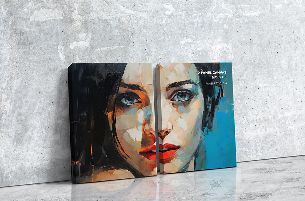 Side Leaning 2 Panel Canvas Ratio 3x4 Mockup - 1.5 In Side Leaning 2 Panel Canvas Ratio 3x4 Mockup - 1.5 In