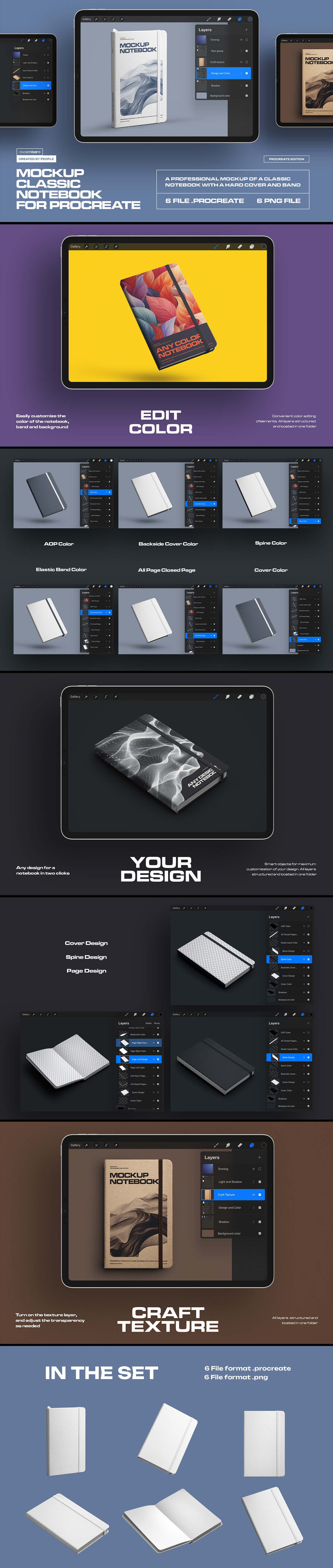 6 Mockups of Classic Notebook with Band and Hard Cover for Procreate 6 Mockups of Classic Notebook with Band and Hard Cover for Procreate