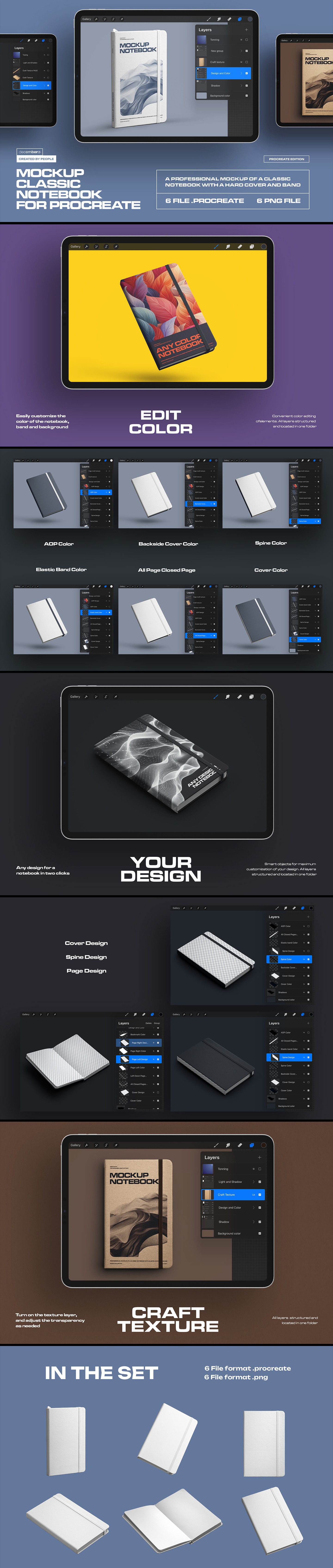 6 Mockups of Classic Notebook with Band and Hard Cover for Procreate