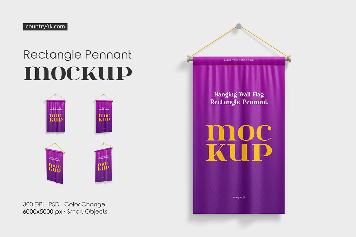 Hanging Wall Flag Rectangle Pennant Mockup Set Hanging Wall Flag Rectangle Pennant Mockup Set