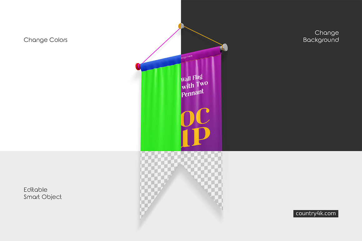 Hanging Wall Flag Rectangle with Two Corners Pennant Mockup Set Hanging Wall Flag Rectangle with Two Corners Pennant Mockup Set