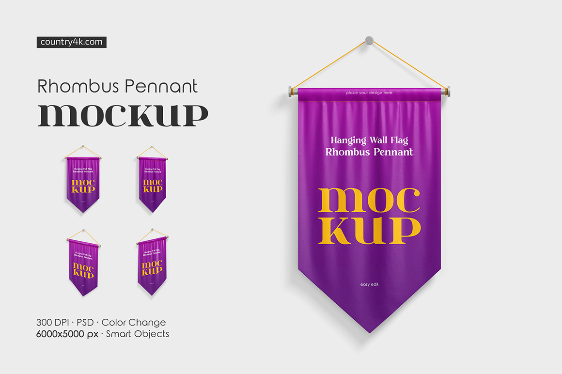 Hanging Wall Flag Rhombus Pennant Mockup Set