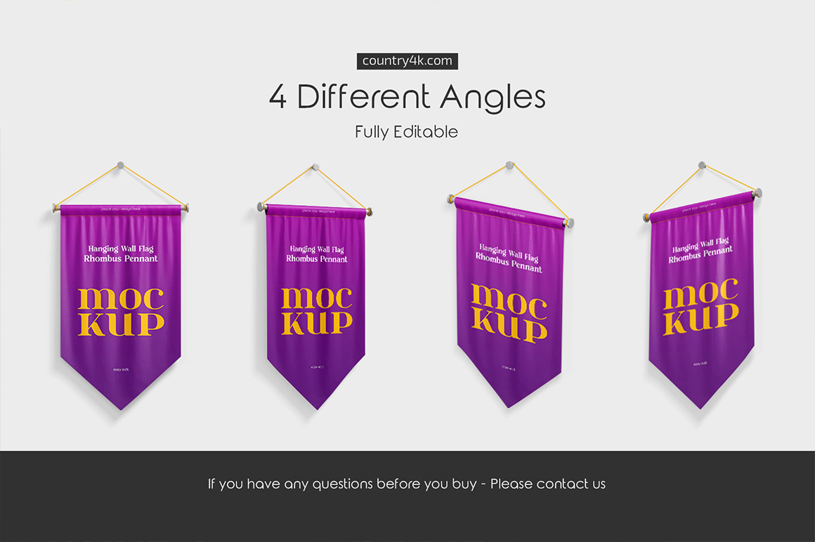 Hanging Wall Flag Rhombus Pennant Mockup Set Hanging Wall Flag Rhombus Pennant Mockup Set