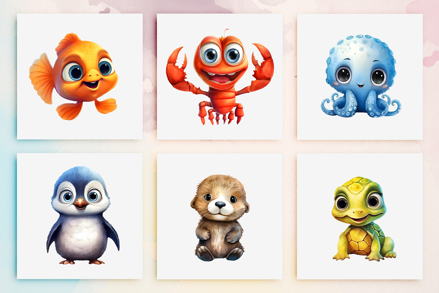 Ocean Babies Watercolor Clipart: 20 Cute Sea Animals PNG