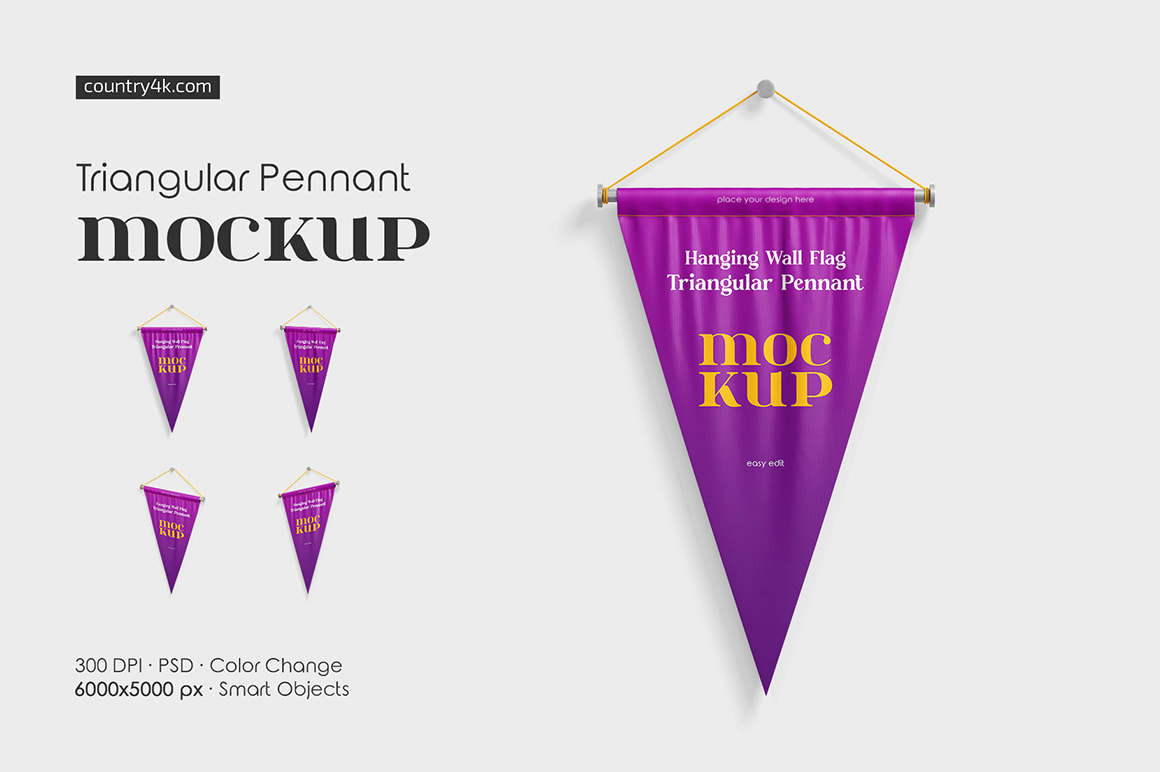 Hanging Wall Flag Triangular Pennant Mockup Set Hanging Wall Flag Triangular Pennant Mockup Set
