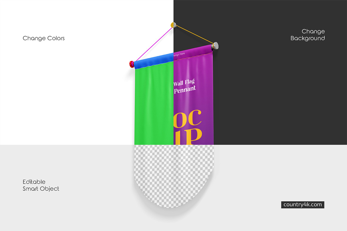 Hanging Wall Flag Circular Pennant Mockup Set Hanging Wall Flag Circular Pennant Mockup Set