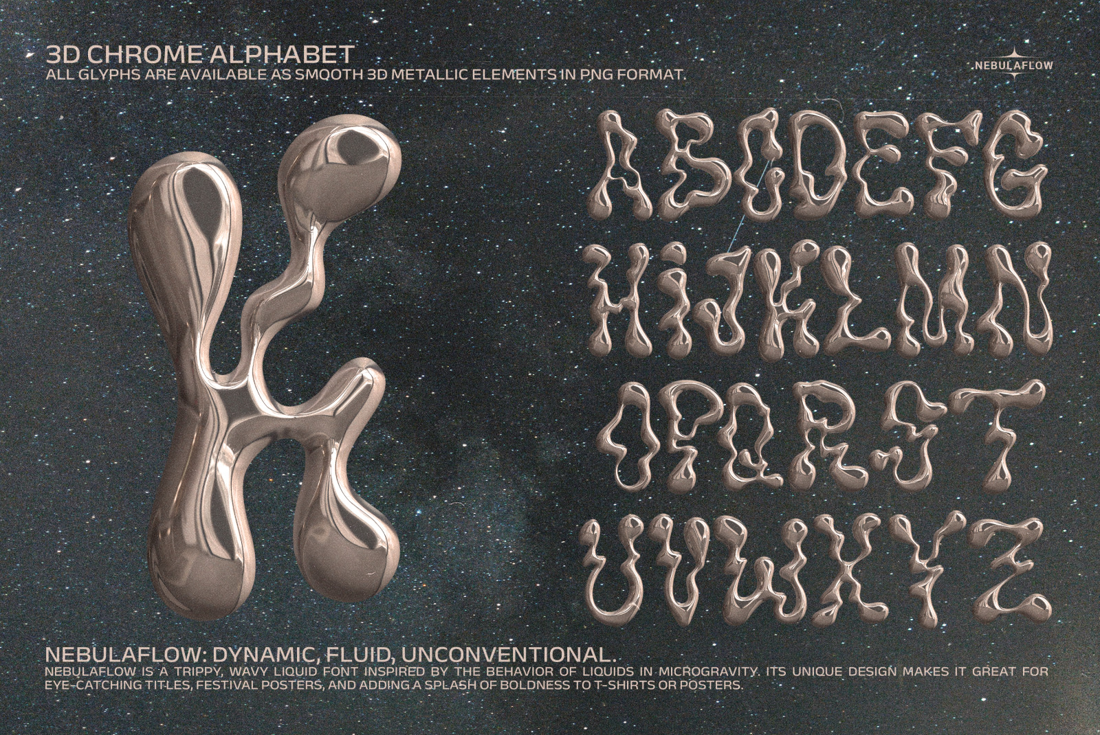 The Nebula Flow Font - chrome typeface The Nebula Flow Font - chrome typeface