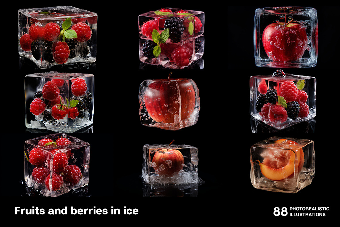 Fruits and berries in ice