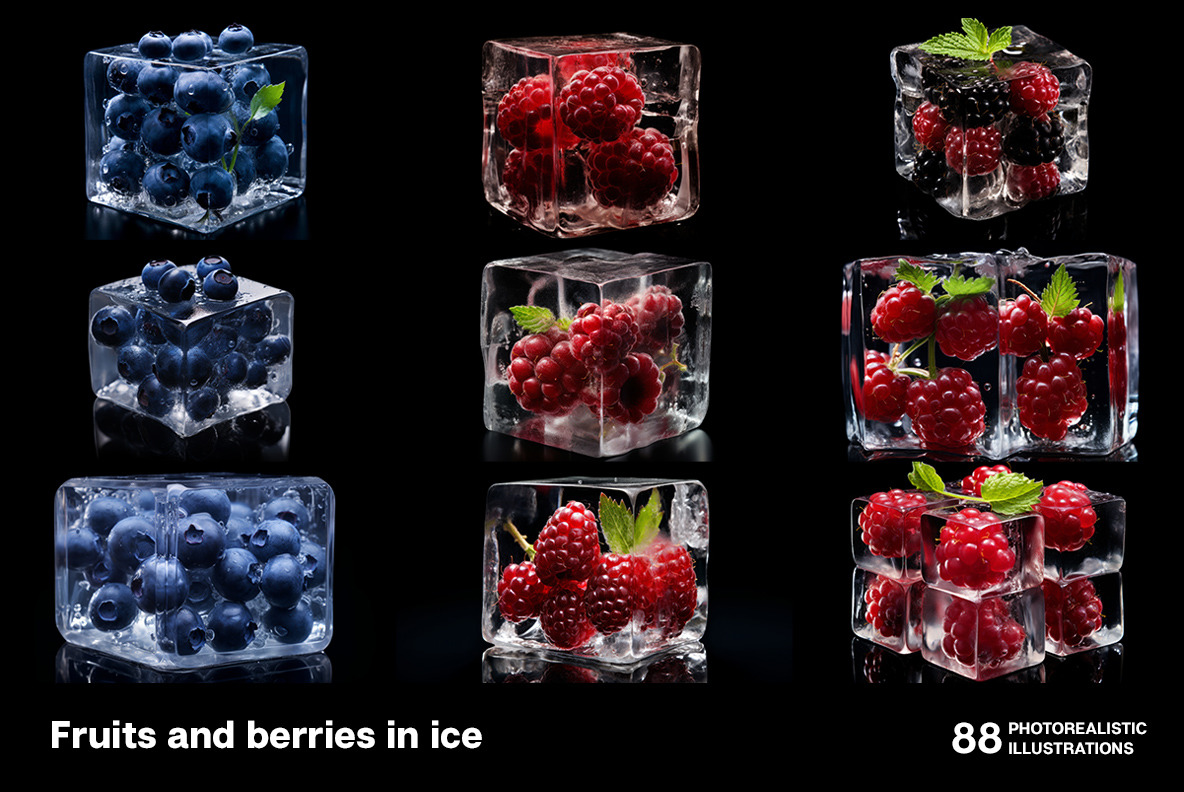 Fruits and berries in ice