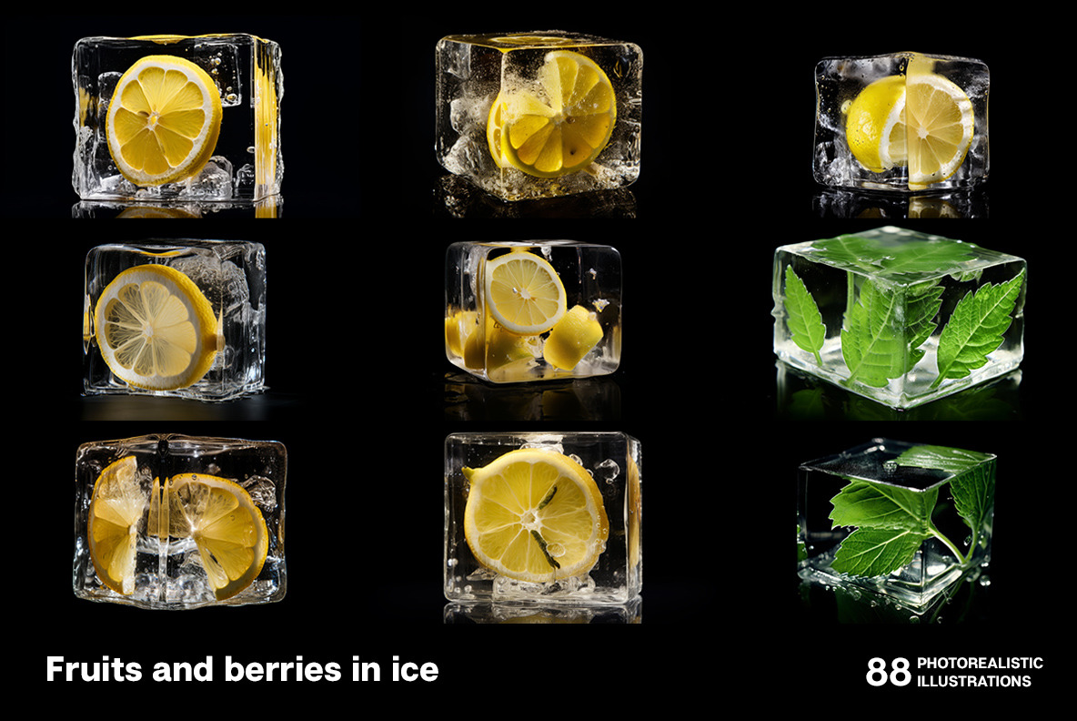 Fruits and berries in ice