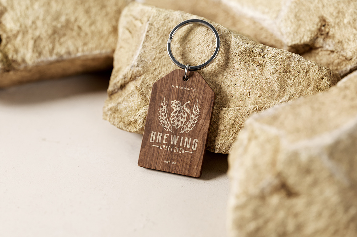 Branded Wooden Keychain With Ring Mockup