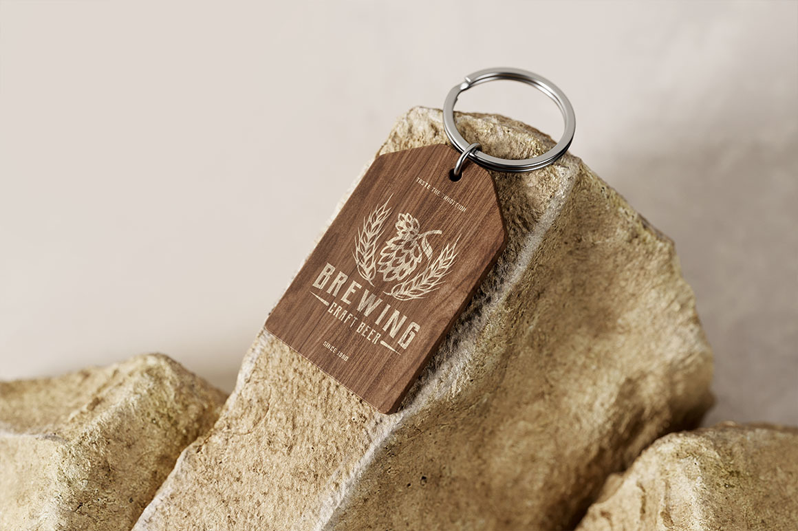 Branded Wooden Keychain With Ring Mockup