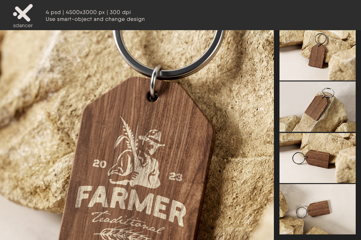 Branded Wooden Keychain With Ring Mockup