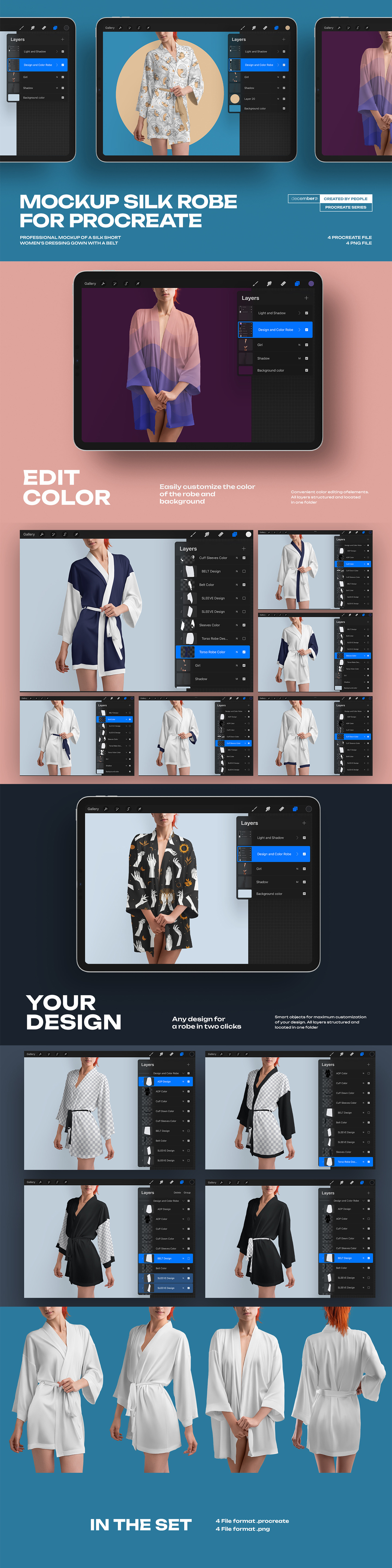 4 Mockups of a Silk Robe for Procreate