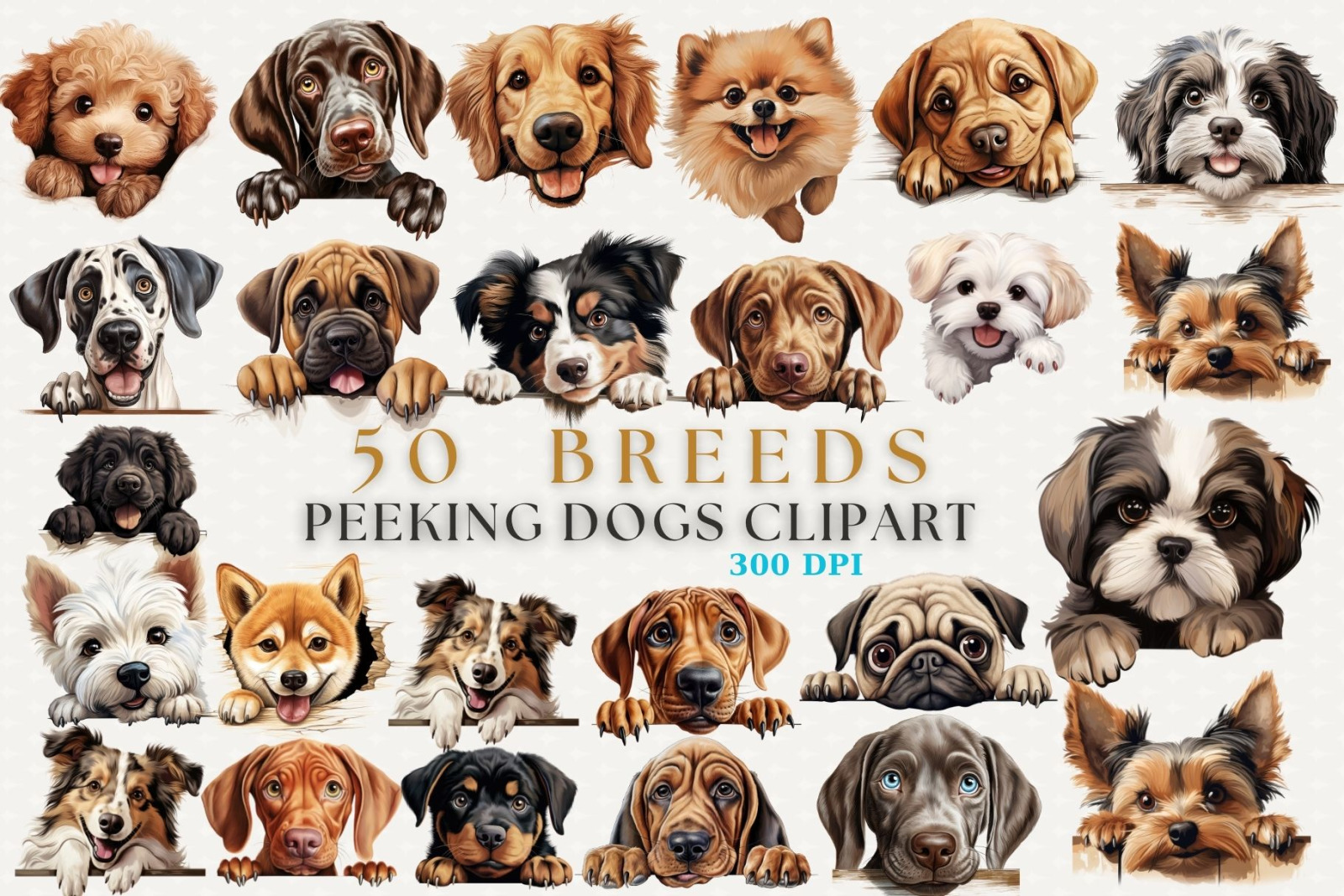 50 Breeds Peeking Dogs Clipart