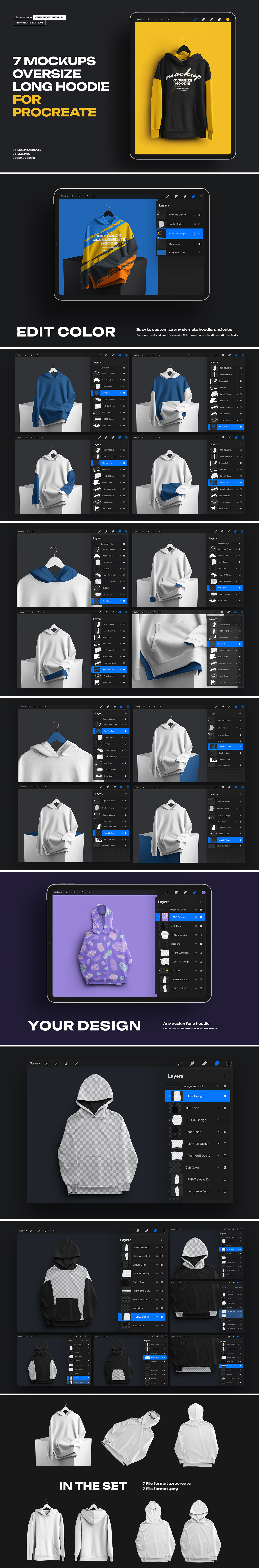 7 Mockups Oversize Long Hoodies For Procreate on iPad