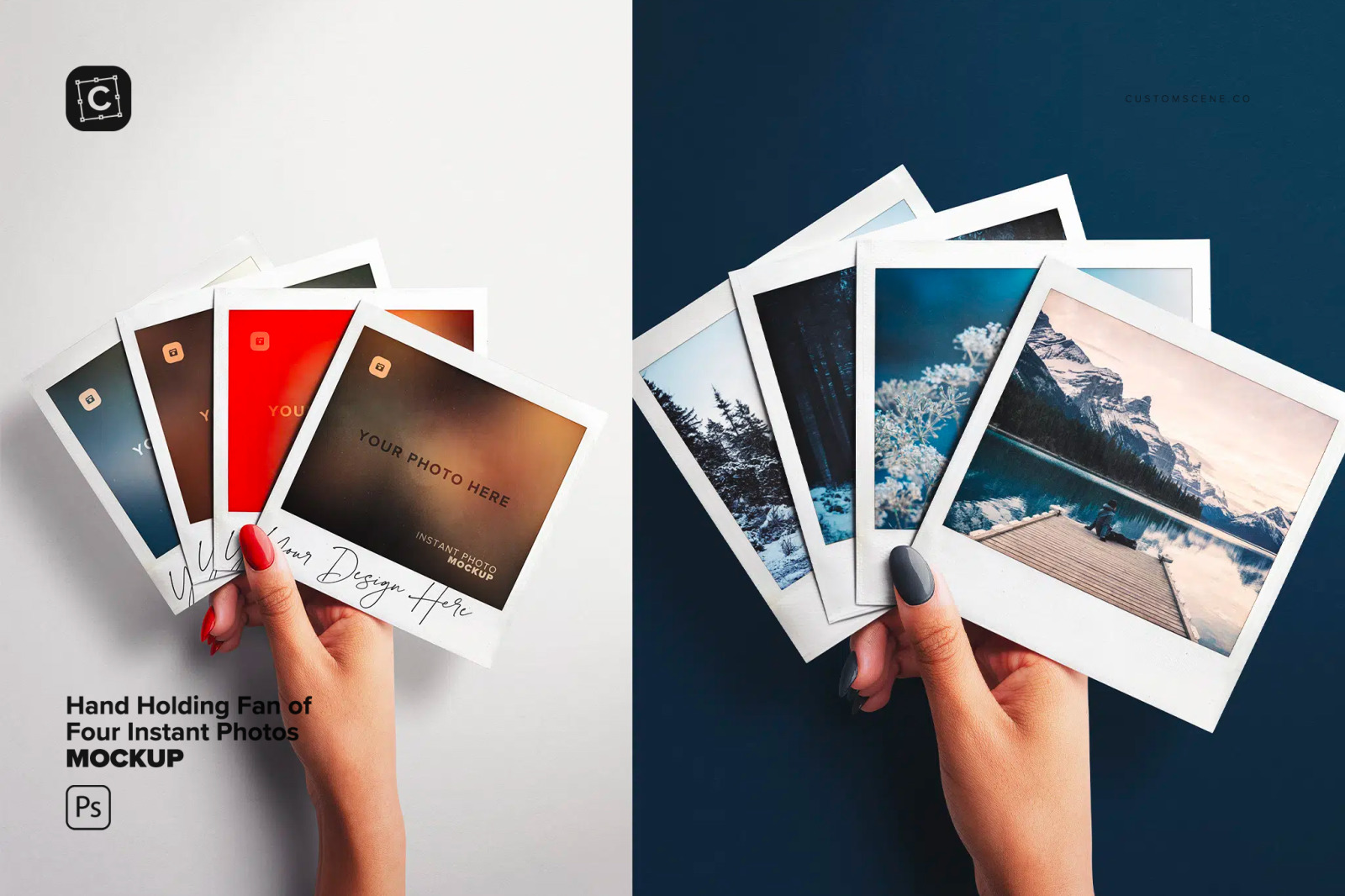 Hand Holding Fan of Four Instant Photos Mockup