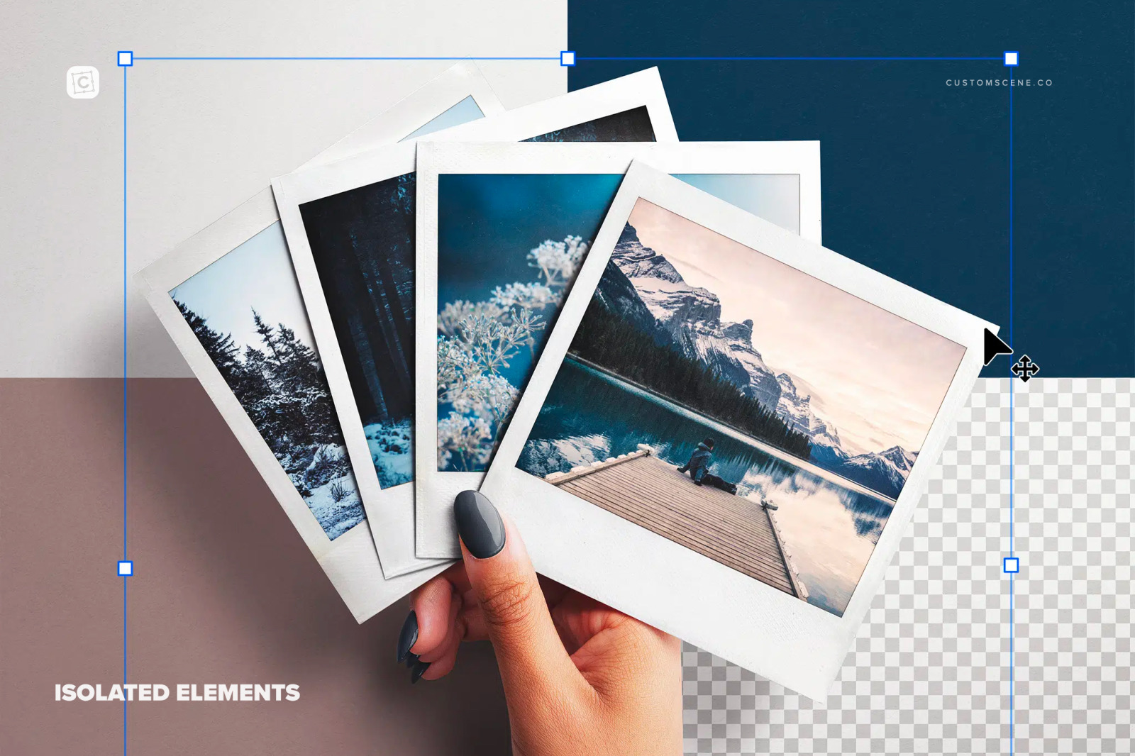 Hand Holding Fan of Four Instant Photos Mockup