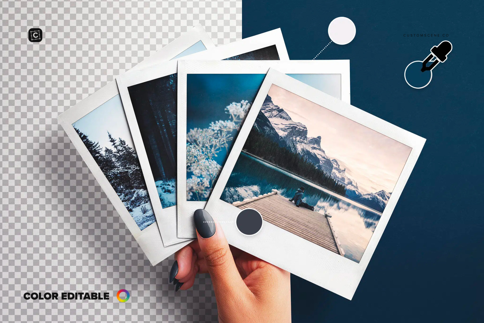 Hand Holding Fan of Four Instant Photos Mockup