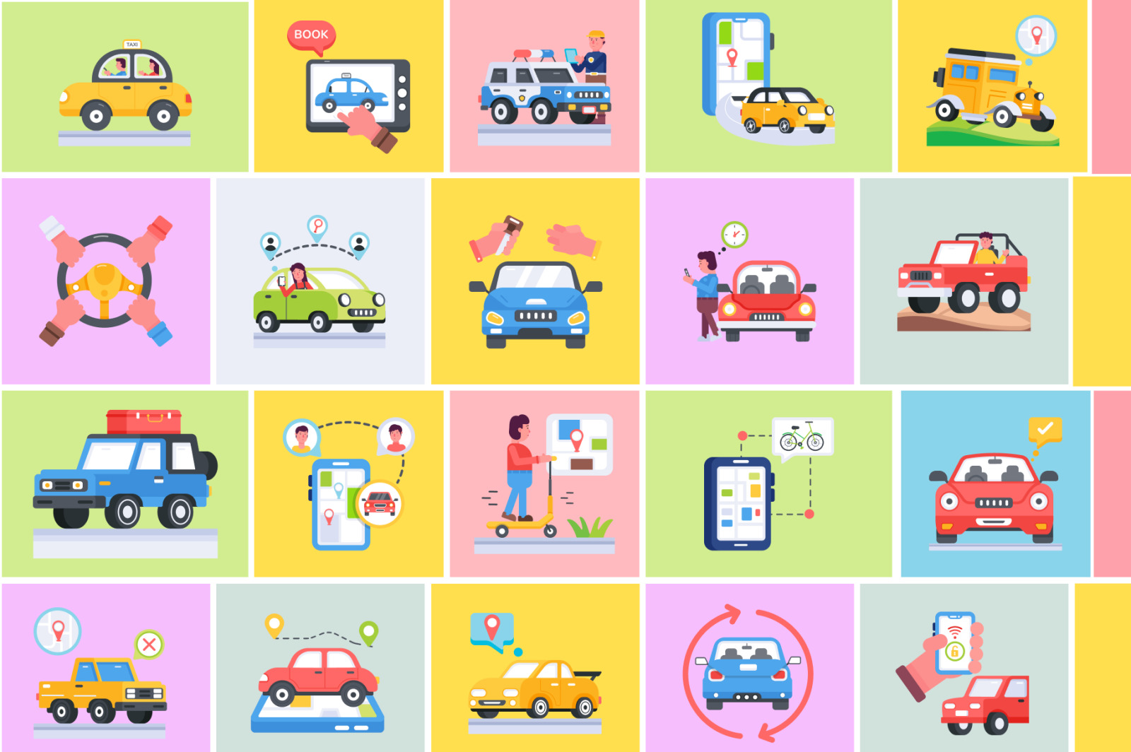 Ride Sharing and Transportation Icons on Yellow Images Creative Store ...