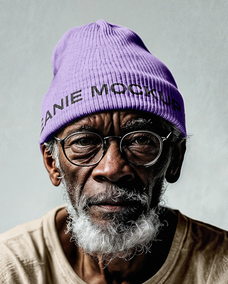 An Elderly Man Wearing T-Shirt, Beanie Hat and Glasses Mockup