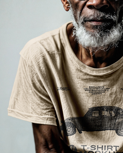 An Elderly Man Wearing T-Shirt, Beanie Hat and Glasses Mockup