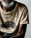 An Elderly Man Wearing T-Shirt, Beanie Hat and Glasses Mockup