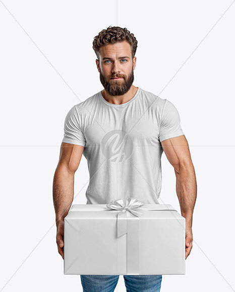 Bearded Man Wearing a Tight Fit T-Shirt Holds a Gift Box Mockup