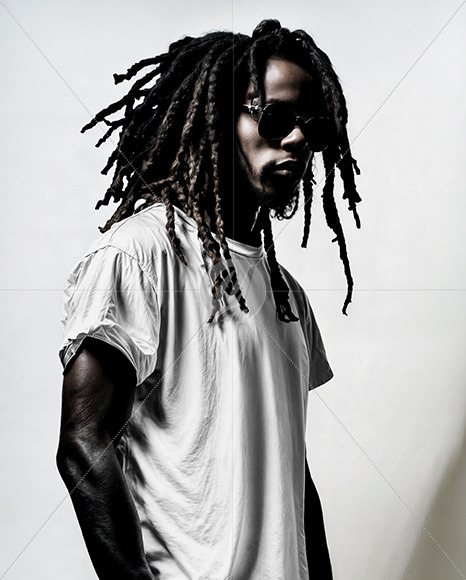 Black Man with Dreadlocks Wearing a T-Shirt and Sunglasses Mockup