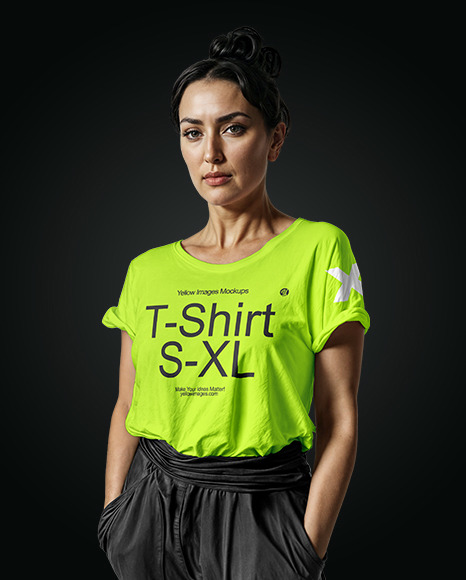 Italian Woman with Dark Hair Wearing T-Shirt and Pants Mockup