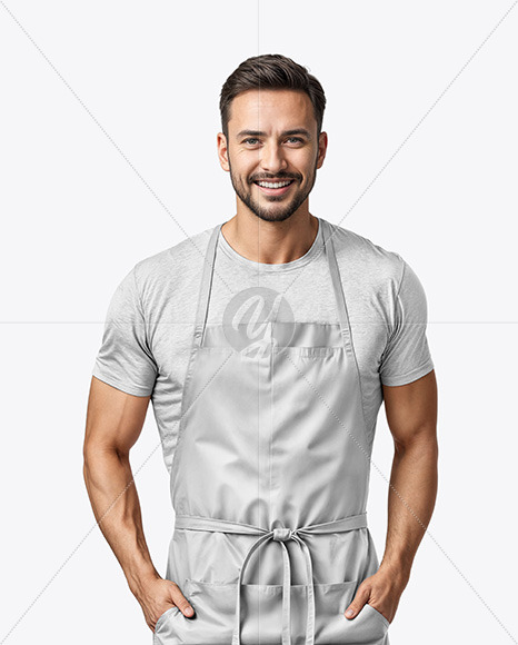 Man Wearing an Apron and a T-Shirt Mockup